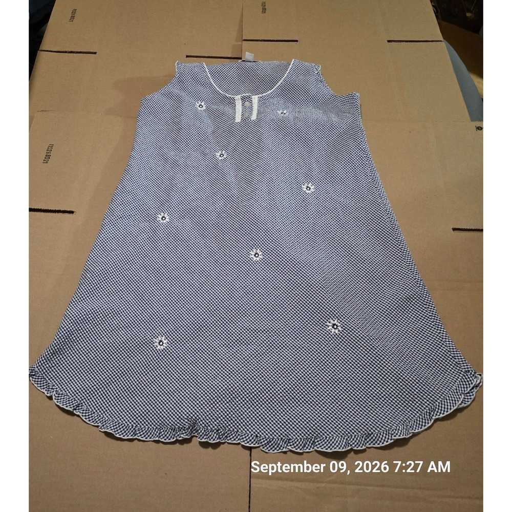 Miss Elaine Blue Gingham Floral Embroidered Ruffle Hem Nightgown Small